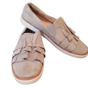 Vionic Gray Suede Loafers with Ruffle Detail